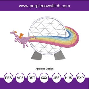 May include: An applique design showing a purple dragon with orange wings, expelling a rainbow. The dragon is near a white geometric shape with a grey base. The text "Applique Design" is below the image, with the website address at the top.
