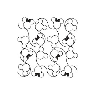 May include: A repeating pattern of stylized mouse head shapes with black bows, connected by curved lines. The design is in black and white, creating a playful and whimsical aesthetic. The pattern is suitable for various applications.