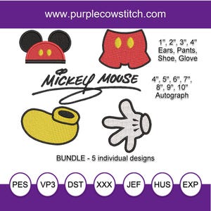 May include: A digital embroidery design bundle featuring Mickey Mouse elements. Includes designs of ears, pants, shoe, glove, and autograph. Sizes range from 1" to 10". The text "Mickey Mouse" is in a script font. The website address is www.purplecowstitch.com.