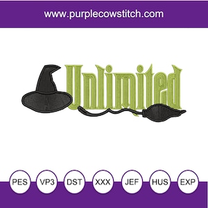 May include: Green embroidery design of the word "Unlimited" with a black witch's hat and a broomstick.
