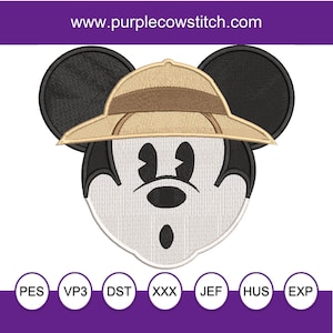 May include: An embroidery design featuring a cartoon mouse head wearing a tan safari hat. The mouse has black ears, a white face, black eyes, a black nose, and an open mouth. The text www.purplecowstitch.com appears above, with PES, VP3, DST, XXX, JEF, HUS, and EXP below.