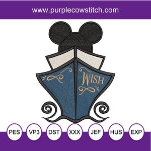 Magical Mouse Cruise Line inspired Machine Embroidery Design. Wish Ship