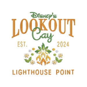 May include: A logo for Disney's Lookout Cay, a new island destination. The logo features the text "Disney's Lookout Cay" in orange and green, with the text "Est. 2024" below. The logo also features a stylized pineapple design in green, yellow, and white.