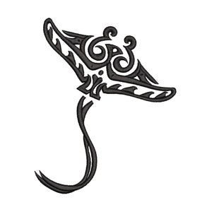 May include: Black and white line art illustration of a stylized manta ray with a long tail.