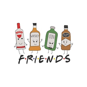May include: Four cartoon bottles of alcohol, vodka, whiskey, gin, and rum, with smiling faces and arms, holding hands and standing in a row. The text "FRIENDS" is below the bottles.