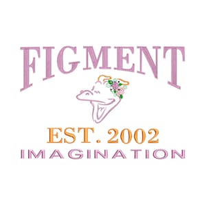 Puede incluir: Logotipo rosa y naranja con el texto "FIGMENT EST. 2002 IMAGINATION". Un dragón de dibujos animados con una corona de flores está en el centro del logotipo.