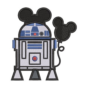 Könnte beinhalten: Ein weißer und blauer Roboter mit schwarzen Mickey-Maus-Ohren und einem schwarzen Mickey-Maus-Ballon. Der Roboter hat einen runden Körper mit einem rechteckigen Kopf und drei Beinen.