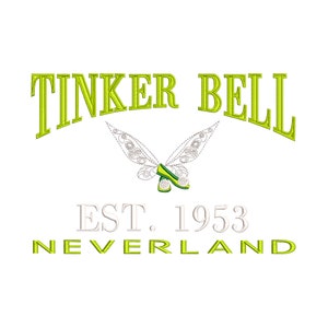 May include: A green and white logo with the text "TINKER BELL" in a stylised font. Below the text is a stylised image of a fairy with wings and a shoe. The text "EST. 1953" and "NEVERLAND" are below the image.