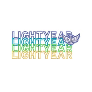 May include: A graphic design featuring the word "LIGHTYEAR" repeated four times in a stacked format. Each word is outlined in a different color, starting with purple, then blue, green, and yellow. A stylized space ranger logo is positioned to the right of the top word.