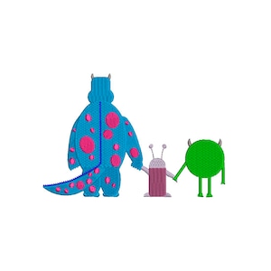 May include: Three blue, green, and purple cartoon monsters holding hands. The blue monster has pink spots and a long tail. The green monster has two horns. The purple monster has a long antenna.