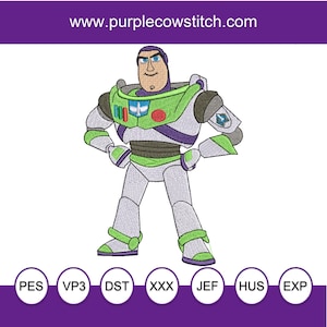May include: An embroidered image of Buzz Lightyear from Toy Story, standing with hands on hips. The character is mainly white, green, and purple, with a smiling face. The website address "www.purplecowstitch.com" is at the top.