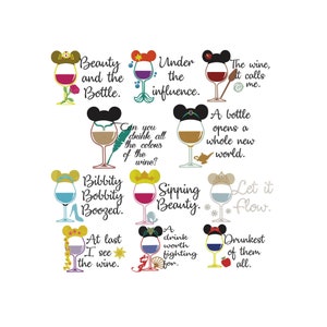 BUNDLE - Princess Inspired Wine Glasses Machine Embroidery Designs Collection 11 Designs. 6 Sizes
