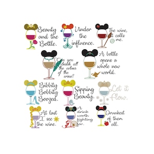 BUNDLE - Princess Inspired Wine Glasses Machine Embroidery Designs Collection 11 Designs. 6 Sizes