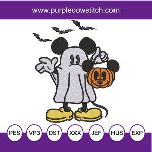 Disegno per ricamo a macchina di Topolino e il fantasma di Halloween.