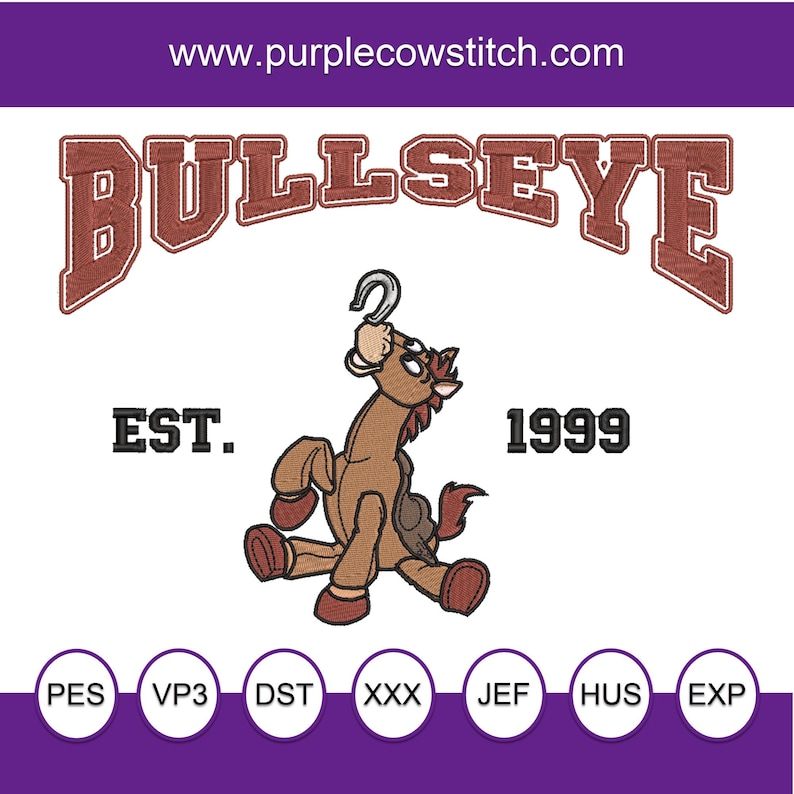 May include: Embroidered design of a brown horse with a hook, the text "BULLSEYE" in red, and the text "EST. 1999".
