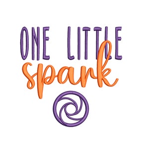 May include: White background with the text "ONE LITTLE SPARK" in purple and orange. Below the text is a purple spiral design. The text is in a whimsical, embroidered style.