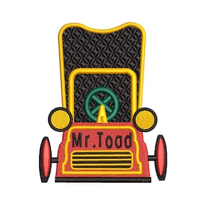 May include: Embroidered design of a red and yellow vintage car with the text "Mr. Toad" on the front. The car features a black patterned seat back, a green steering wheel, and yellow headlights.