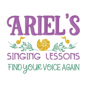 May include: Purple text that reads "Ariel's Singing Lessons Find Your Voice Again" with a yellow seashell and musical notes on a white background.