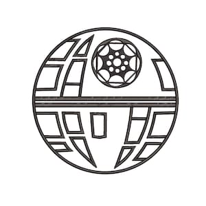 May include: Black and white line art illustration of the Death Star from Star Wars.