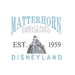 May include: A vintage-style logo for the Matterhorn Bobsleds ride at Disneyland. The logo features the Matterhorn mountain in gray and blue, with the text "Matterhorn Bobsleds" in blue and white, "EST. 1959" in gray, and "DISNEYLAND" in blue.