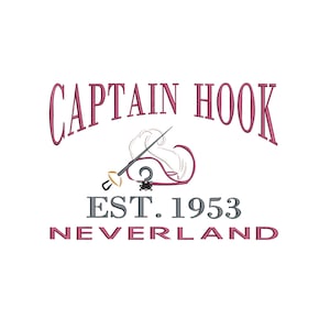 Puede incluir: Un logotipo rosa y gris con el texto "CAPTAIN HOOK EST. 1953 NEVERLAND". El logotipo presenta una imagen estilizada de un sombrero de pirata con una espada.
