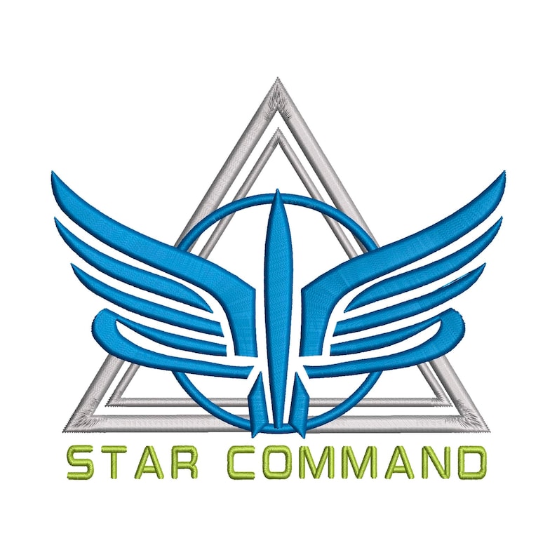 May include: A silver triangle with a blue winged symbol inside a circle. The text "STAR COMMAND" is below the triangle in green.