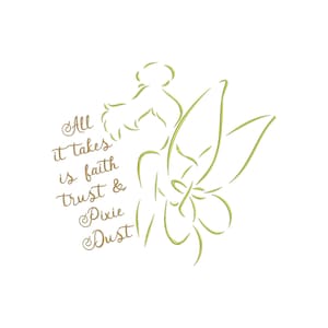 May include: Green line art illustration of a fairy with wings and the text "All it takes is faith & trust & Pixie Dust" in brown.
