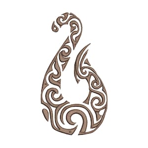 May include: A brown stylized hook with intricate Polynesian-inspired designs. The hook is a traditional symbol of strength and prosperity.