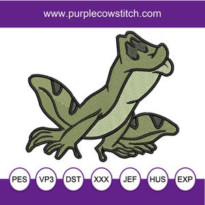May include: An embroidered design of a stylized frog in shades of green and black. The frog is in a dynamic pose, with its arms and legs outstretched. The design includes the website address www.purplecowstitch.com and various embroidery file formats.