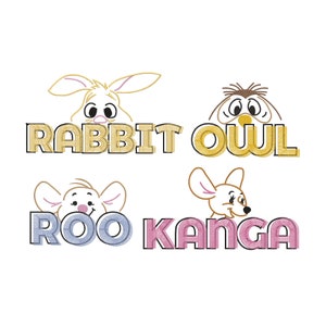 May include: A digital embroidery design featuring four cartoon characters: a rabbit, an owl, a kangaroo, and a roo. The characters are peeking out from behind the words "RABBIT", "OWL", "ROO", and "KANGA".