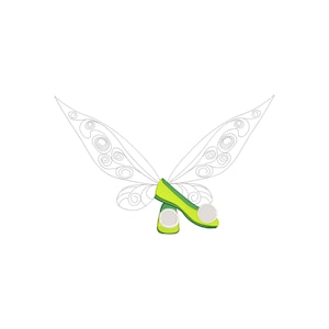 May include: A pair of green ballet flats with white pom-poms on the toes, with a pair of wings behind them.