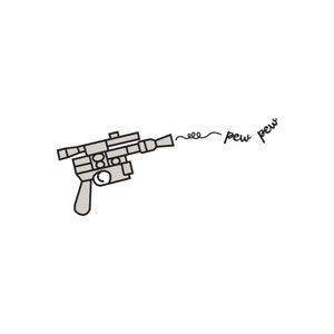 May include: A cartoon illustration of a blaster gun with a gray and black color scheme. The gun is firing and the sound effect "pew pew" is written in black.
