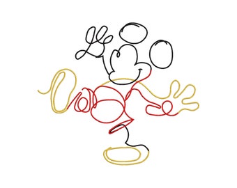 Peut inclure: Dessin au trait de Mickey Mouse en noir, rouge et or. Mickey est debout, les bras tendus, et ses oreilles caractéristiques sont visibles.