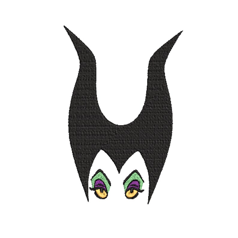 May include: Black and green cartoon illustration of a woman with purple eyeshadow and yellow eyes. She has long, black, pointed hair.