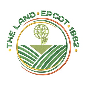 May include: A green, yellow, and orange circular logo with the text "THE LAND EPCOT 1982". The logo features a stylized green plant with a globe inside the plant.
