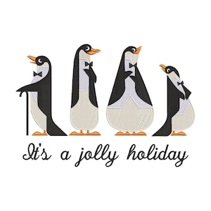 Puede incluir: Cuatro pingüinos con pajarita y atuendo formal. El pingüino de la izquierda sostiene un bastón. El texto "It's a jolly holiday" está debajo de los pingüinos.