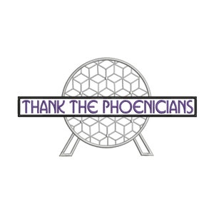May include: A silver-colored geometric design with the text "THANK THE PHOENICIANS" in a purple font. The design is a circle with a honeycomb pattern, supported by two angled lines.
