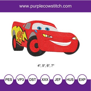 May include: Embroidered red race car with the number 95 on the side, yellow and black accents, and smiling face. The image includes the text "www.purplecowstitch.com" and sizes 10.16cm, 12.7cm, 15.24cm, and 17.78cm.
