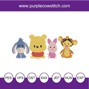 May include: Embroidered designs of Winnie the Pooh characters: Eeyore, Winnie the Pooh, Piglet, and Tigger. The characters are in a cute, cartoon style. The website address www.purplecowstitch.com is at the top. Below are embroidery file formats.
