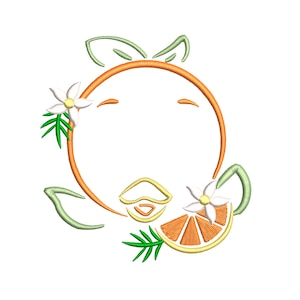 May include: Orange embroidery design with a slice of orange, two white flowers, and green leaves.