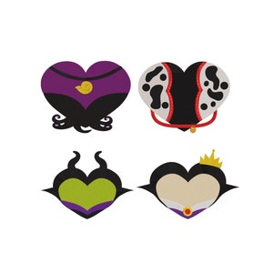May include: Four heart-shaped designs featuring Disney villains. The top left heart is purple with a black octopus-like design and a gold seashell. The top right heart is black with white spots and a red trim. The bottom left heart is green with black horns and a black outline. The bottom right heart is white with a black outline, a red trim, and a gold crown.