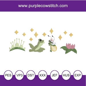 May include: An embroidered design featuring a tiara, a frog, a firefly, a lotus flower, and gold stars. The design is in shades of green, pink, and gold. The website address www.purplecowstitch.com is at the top of the image.
