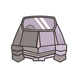 May include: An embroidered design of a car, featuring a lavender body, gray accents, and a windshield with a steering wheel. The design has a geometric, stylized appearance, suitable for patches or appliques.