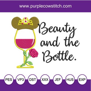 Princess Belle Inspired Wine Glass Machine Embroidery Design Beauty & the Beast or Beauty and the Bottle?
