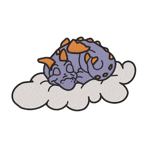 May include: A purple and orange cartoon dragon curled up and sleeping on a gray cloud.