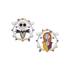 May include: Two framed illustrations of characters from The Nightmare Before Christmas. The first frame features Jack Skellington, the Pumpkin King, with a black and white striped suit and a black bow tie. The second frame features Sally, Jack's girlfriend, with a patchwork dress and orange hair.