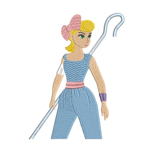 May include: A blue and pink cartoon character with blonde hair and a pink bow. She is wearing a blue jumpsuit with a pink belt and a white bandage on her arm. She is holding a silver shepherd's crook.