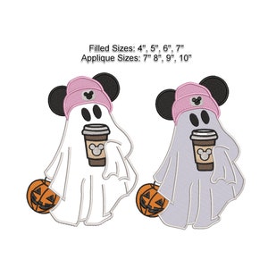 Mickey Coffee Trick or Treat Ghost Machine Embroidery Design. Halloween. Both Applique and Filled.