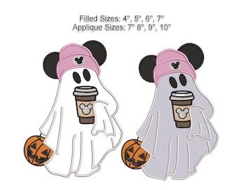 May include: Two white ghost figures with pink Mickey Mouse ears and hats holding a cup of coffee and a jack-o-lantern.  Filled sizes: 4", 5", 6", 7". Applique sizes: 7", 8", 9", 10".