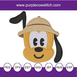May include: An embroidery design featuring a cartoon dog face wearing a tan safari hat with black ears, white eyes, and a black nose. The text www.purplecowstitch.com appears at the top, and file formats PES, VP3, DST, XXX, JEF, HUS, and EXP are listed.